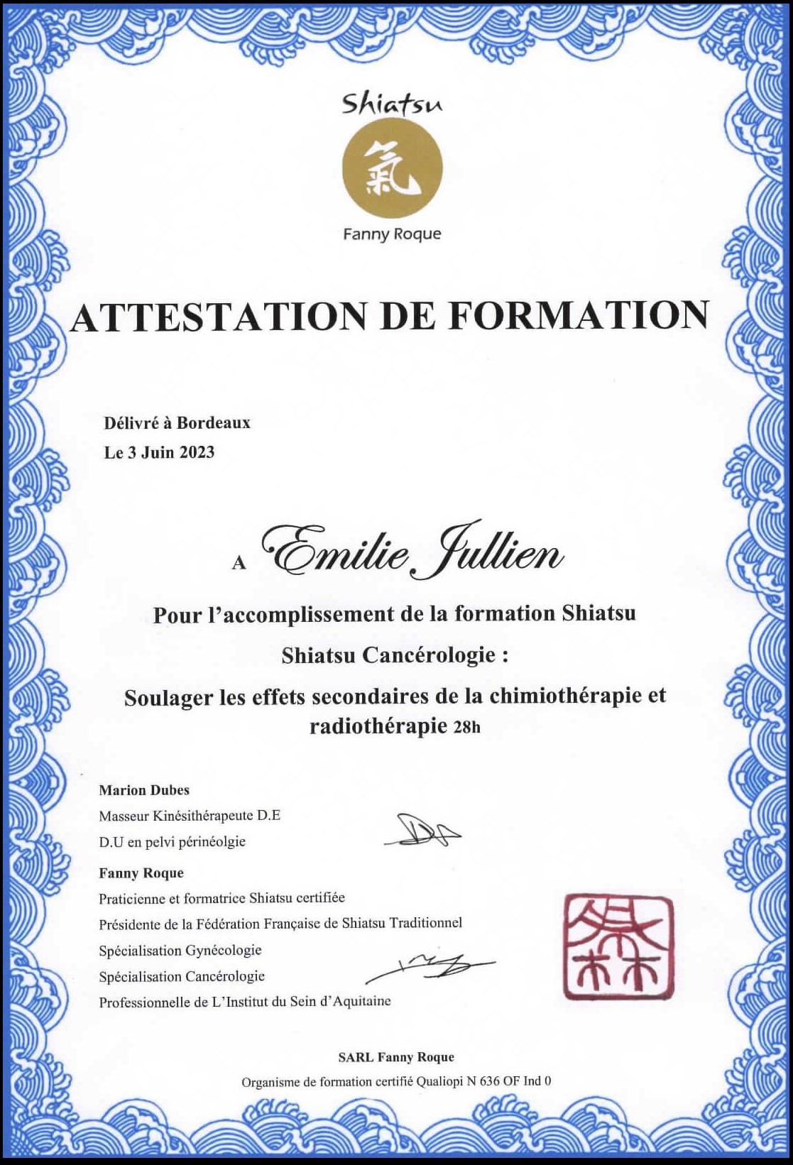 Attestation de Formation complémentaire en Shiatsu Cancérologie