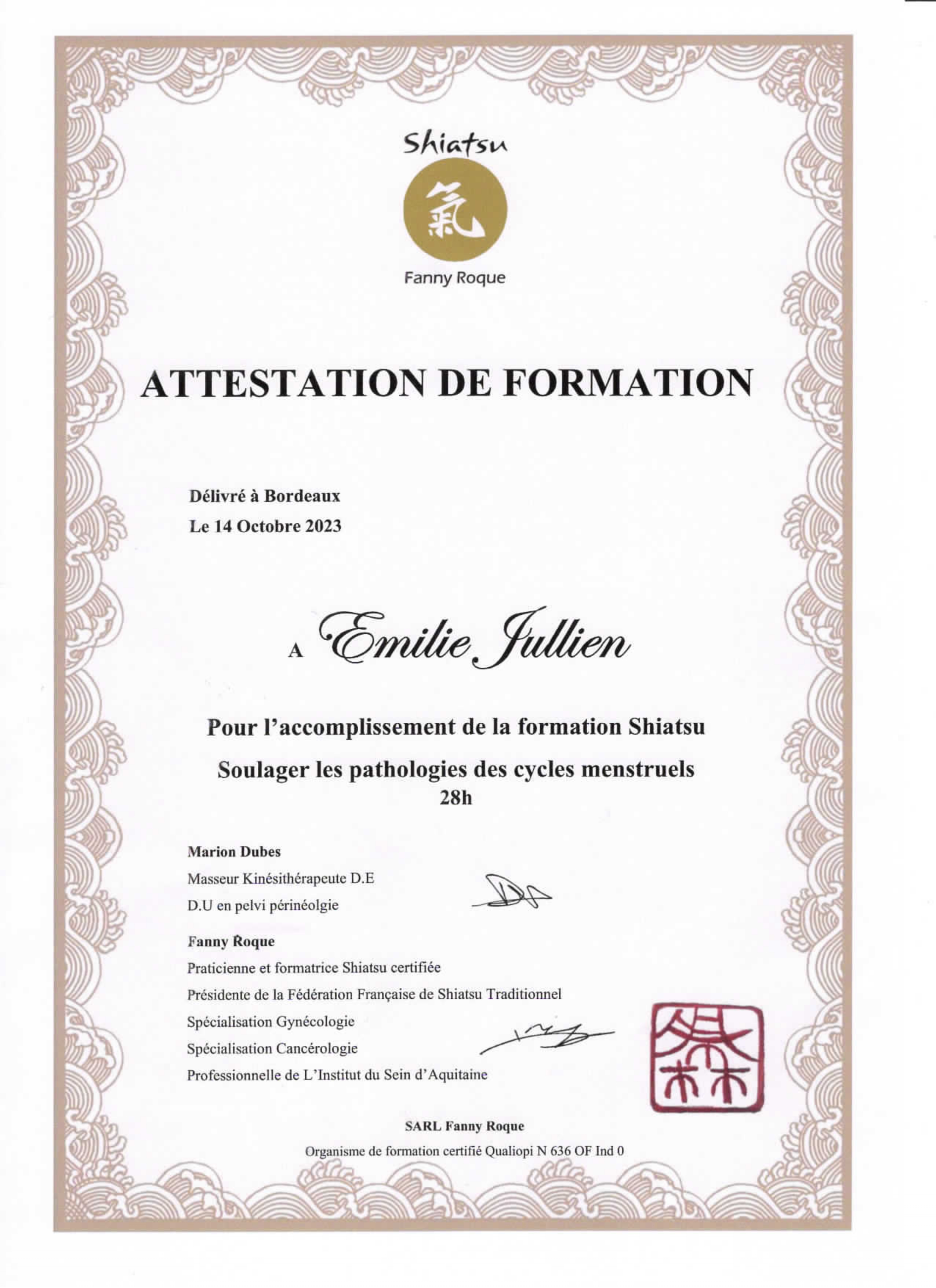 Attestation de Formation Soulager les Pathologies des Cycles Menstruels