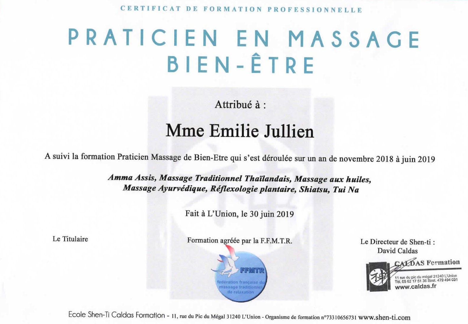 Attestation de Formation Praticien en Massage Bien-être