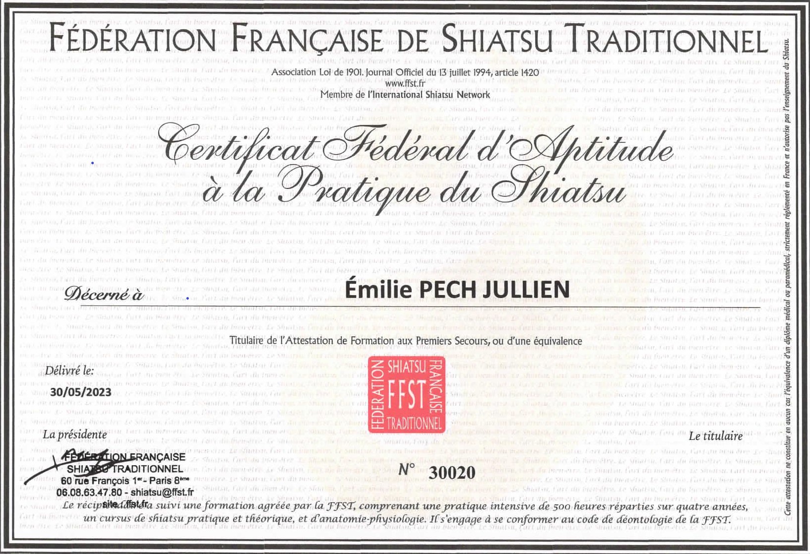 Certificat Fédéral d'Aptitude à la Pratique du Shiatsu